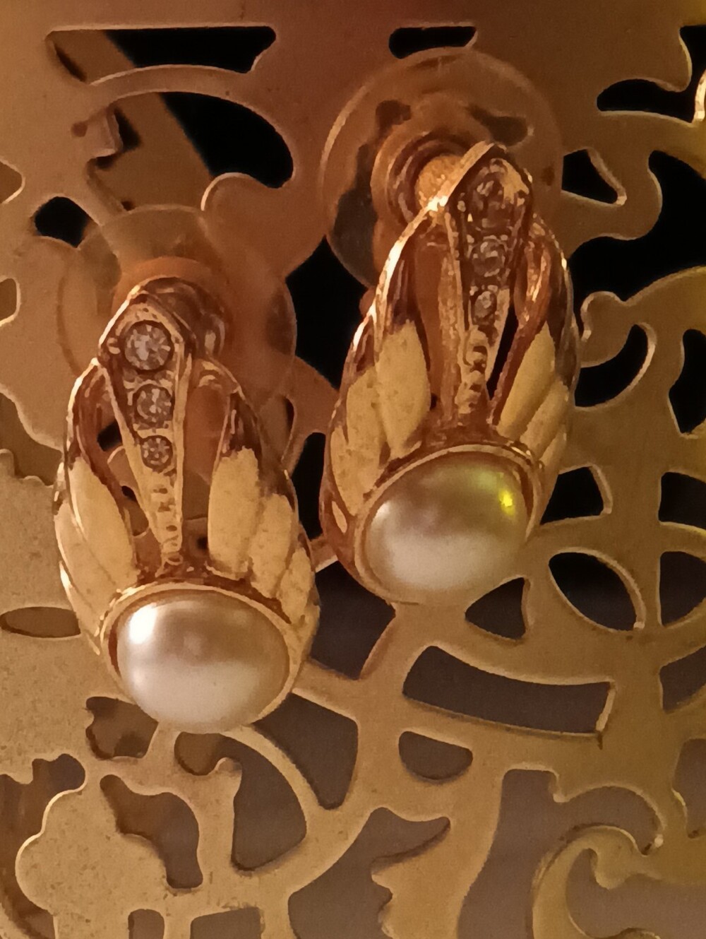 Gold Pearl Drop Earrings with Crystal Accents